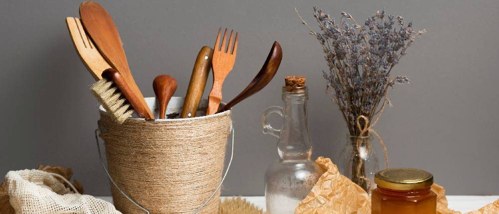 Wooden kitchen utensils in a basket